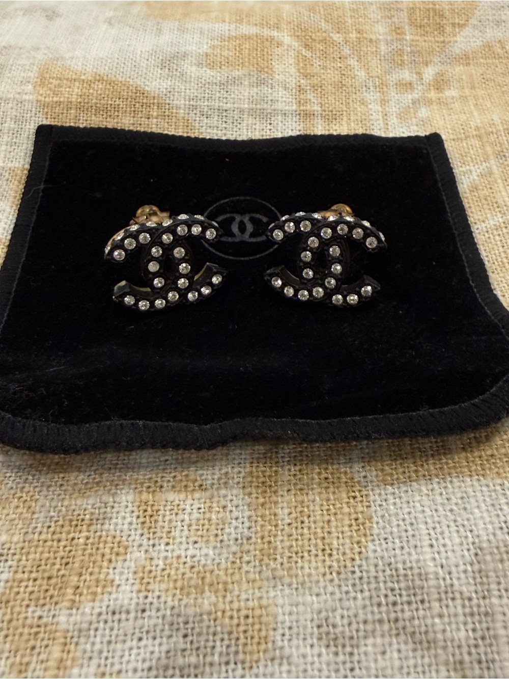 CHANEL Black CC Logo Earrings with Clear Crystals